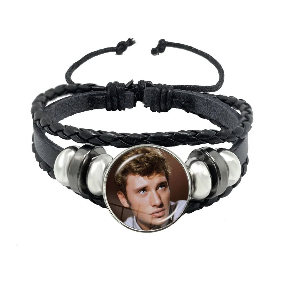 Bracelet Personnalisé Johnny Hallyday - Cuir Noir Et Acier Inoxydable - FranceKing
