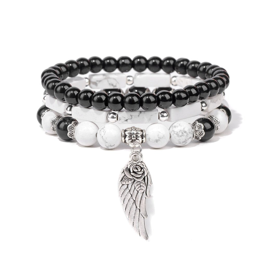 Acheter Bracelet de Distance unisexe, 2 pièces, Couple, sien, perles noires mates, Howlite blanche