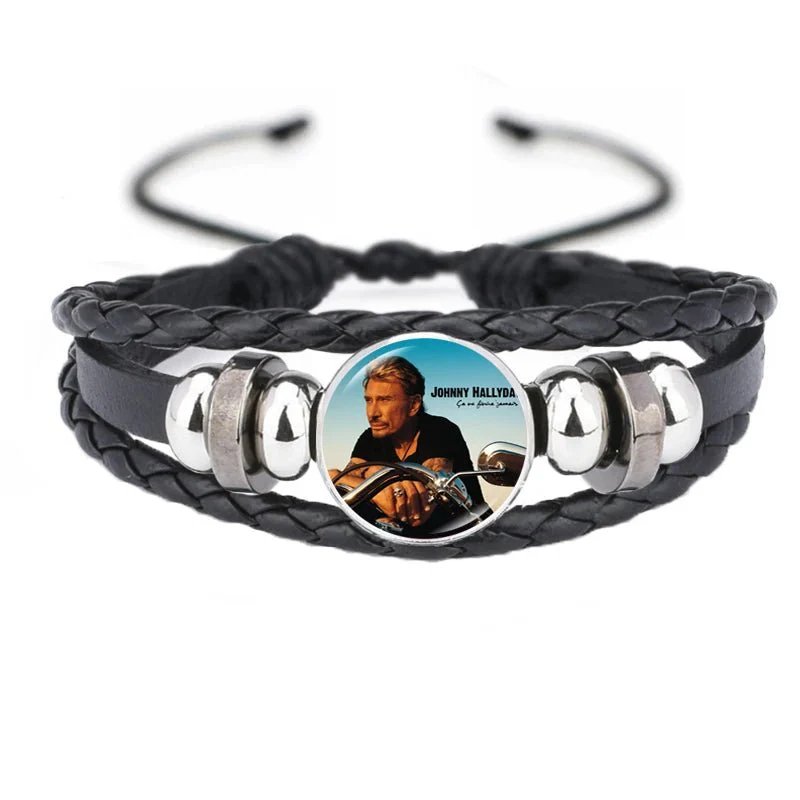 Bracelet Personnalisé Johnny Hallyday - Cuir Noir Et Acier Inoxydable - FranceKing